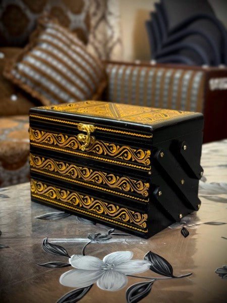 Handcrafted Wooden Storage Box – Black & Gold Antique Design