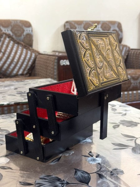 Handcrafted Wooden Storage Box – Black & Gold Antique Design