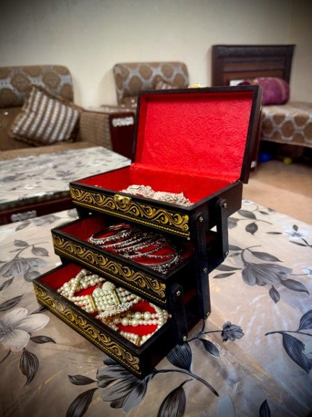 Handcrafted Wooden Storage Box – Black & Gold Antique Design